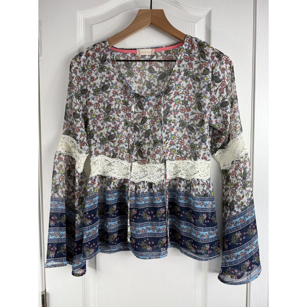 Altar'd State Women's Multicolor Floral Bell Sleeve Top Boho Lace Detail Size M